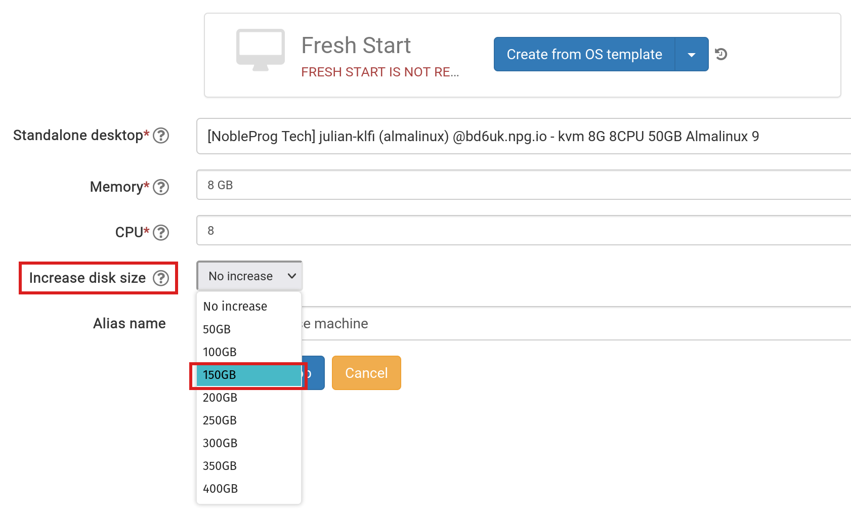 Fresh Start létrehozása önálló gépről, lemezméret módosításának kiválasztása